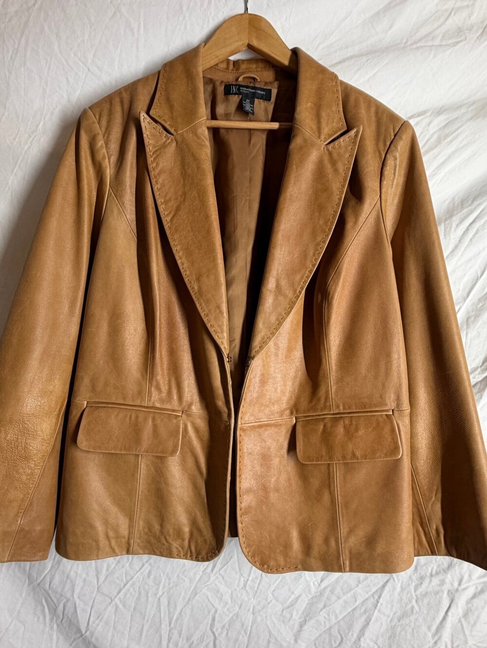 Vintage Y2K INC 100% Leather Blazer 2X Cognac Tan Whipstitch Plus Size Jacket